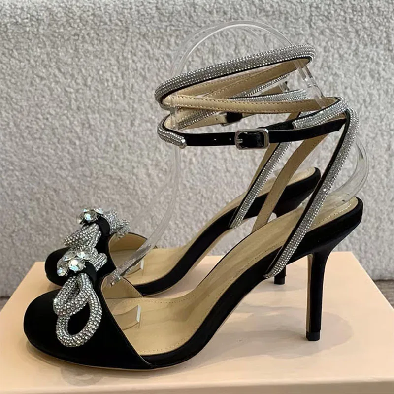 

Sexy Modern High Heels Shoes Women Satin Crystal Butterfly-knot Ankle Strap Party Pumps Woman Round Toe Stiletto Sandals Woman