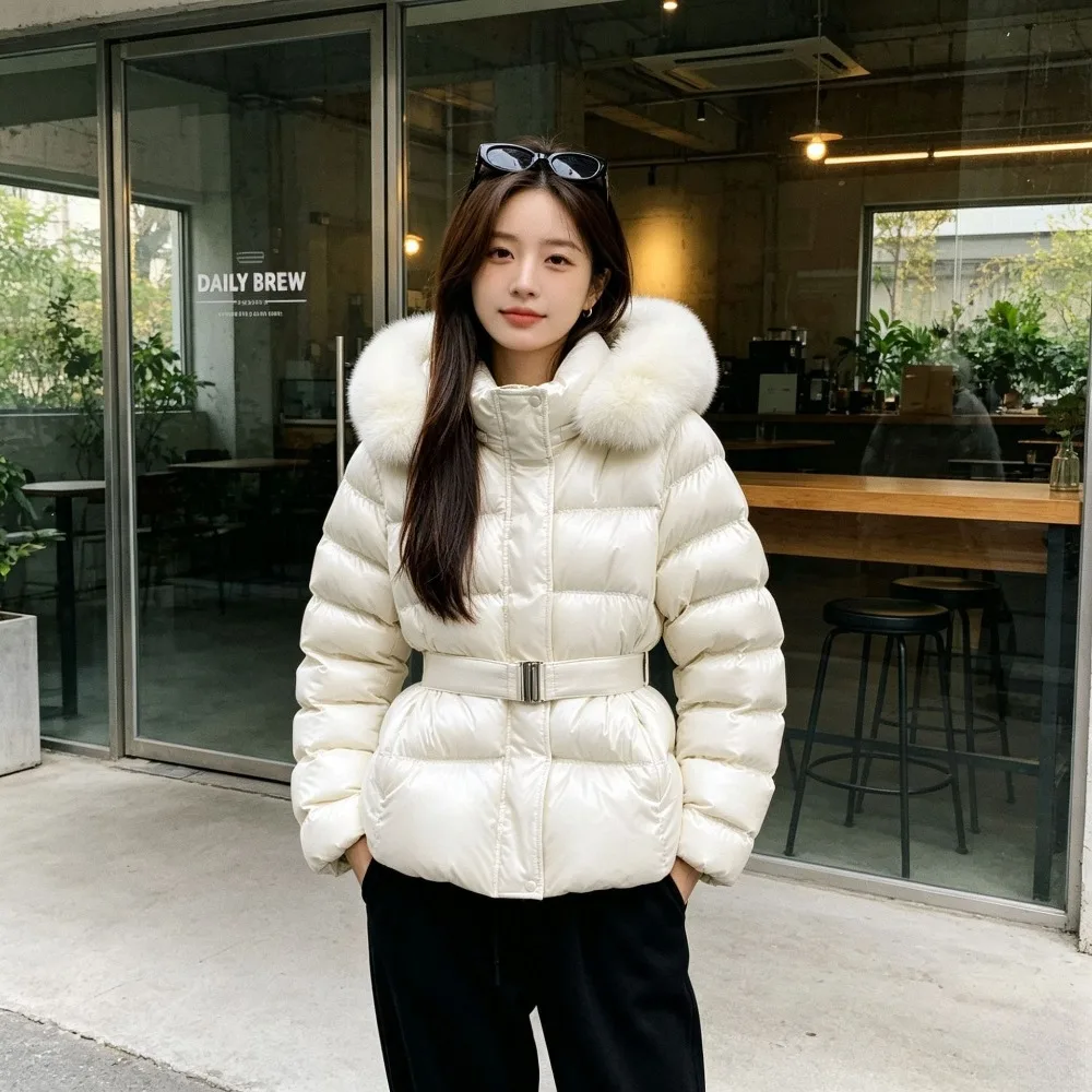 Winter Retro Temperament Big Fur Collar Removable Lace-up Waist Warm Hooded Cotton Jacket Female  Fashion Simple Versatile