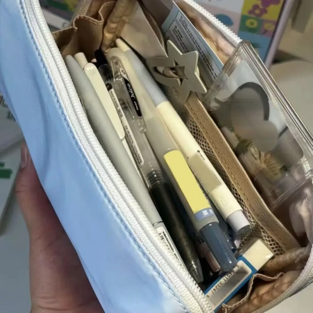 Simple Solid Color Pen Bag Double Zipper Design Dirty-proof Pencil Case Large Capacity Stationery Organizer Students