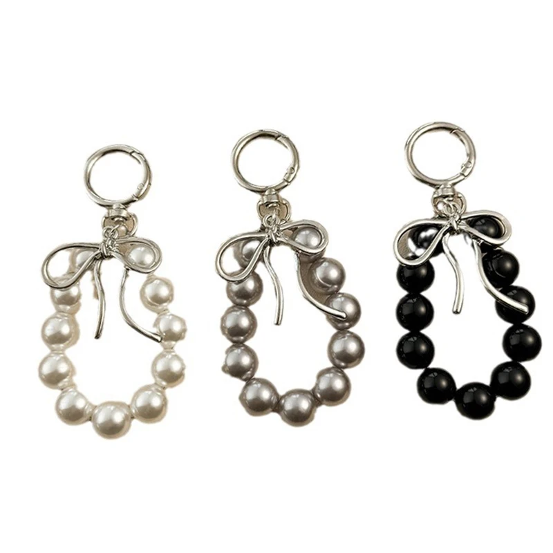 Ins Style Pearl Beads Key Chain Metal Bowknot Phone Pendant Bag Decor Car Key Ring Headphone Case Charm