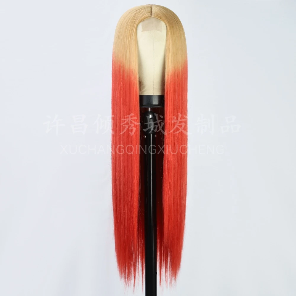 باروكة متوسطة، شعر مستقيم طويل متدرج باللون الأسود والذهبي، غطاء شعر مستعار صناعي صغير من الدانتيل، مناسب للنساء اليومي #6