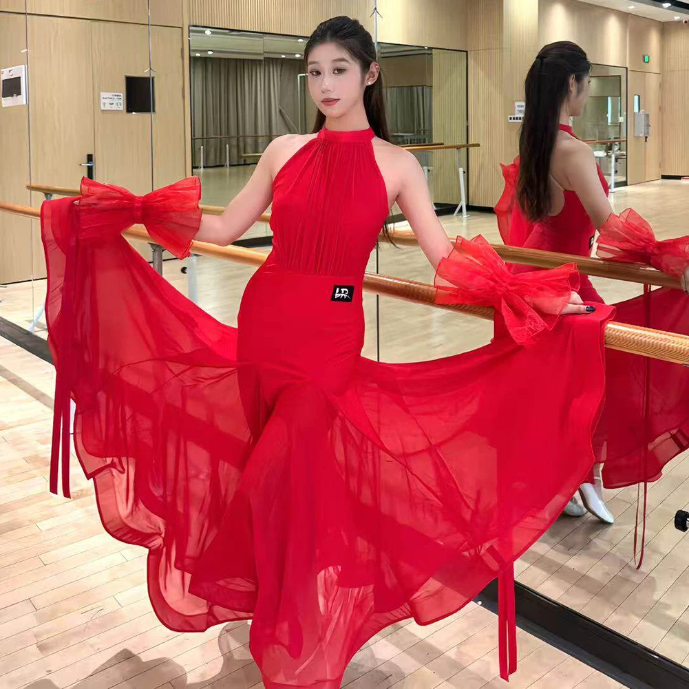 

Modern Dress Red Professional Ball Women's Ballroom Competition Sleeveless Red High Collar Backless Ballroom Dancing Dress