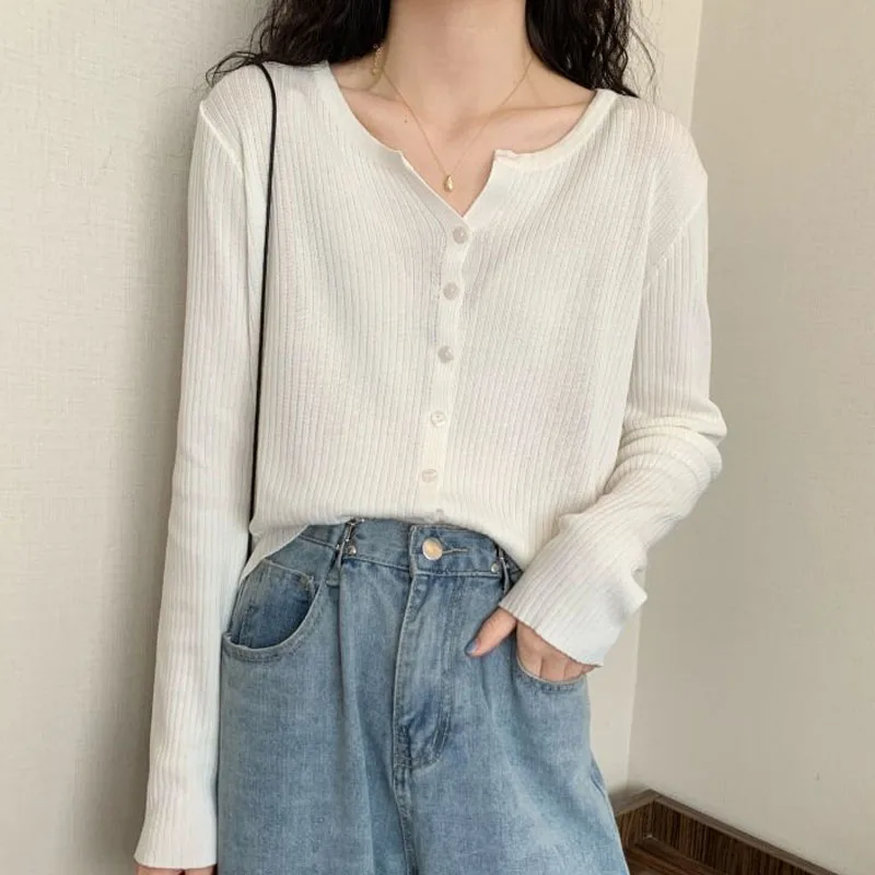 

Вязаный свитер, женские кардиганы, новый белый вязаный свитер с длинным рукавом и круглым вырезом, кардиган, женские топы, трикотажные изделия Sueters De Mujer Q1094