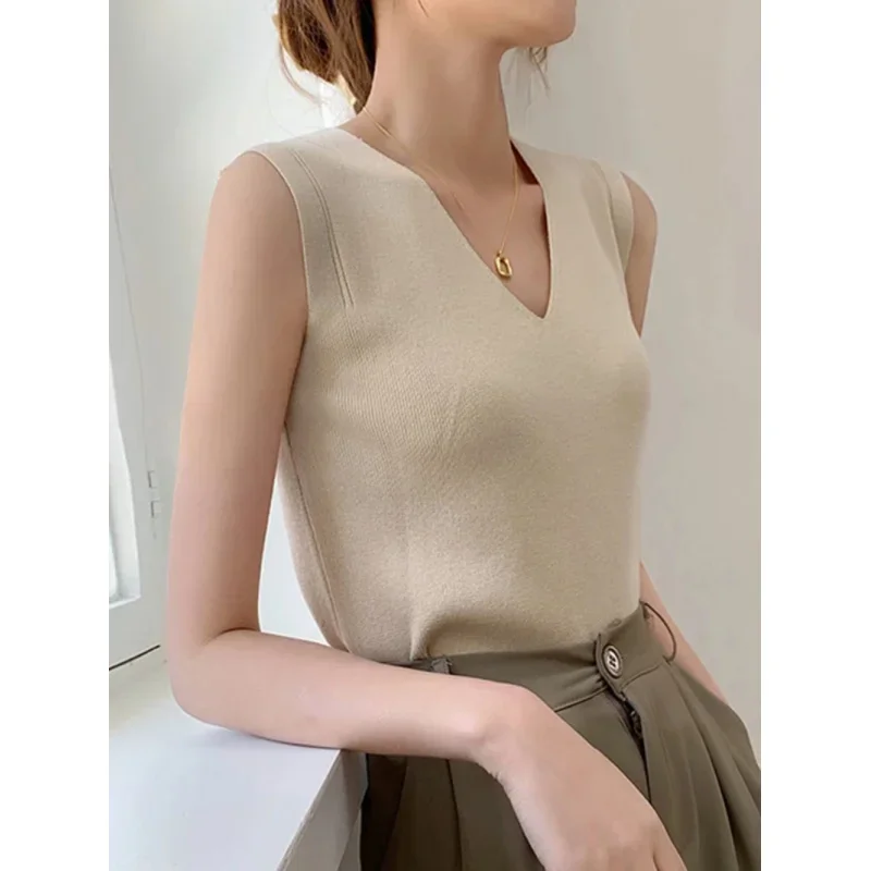 2024 Summer women knitted tops women thin basic casual tank tops V-neck tees sleepveless top for woman