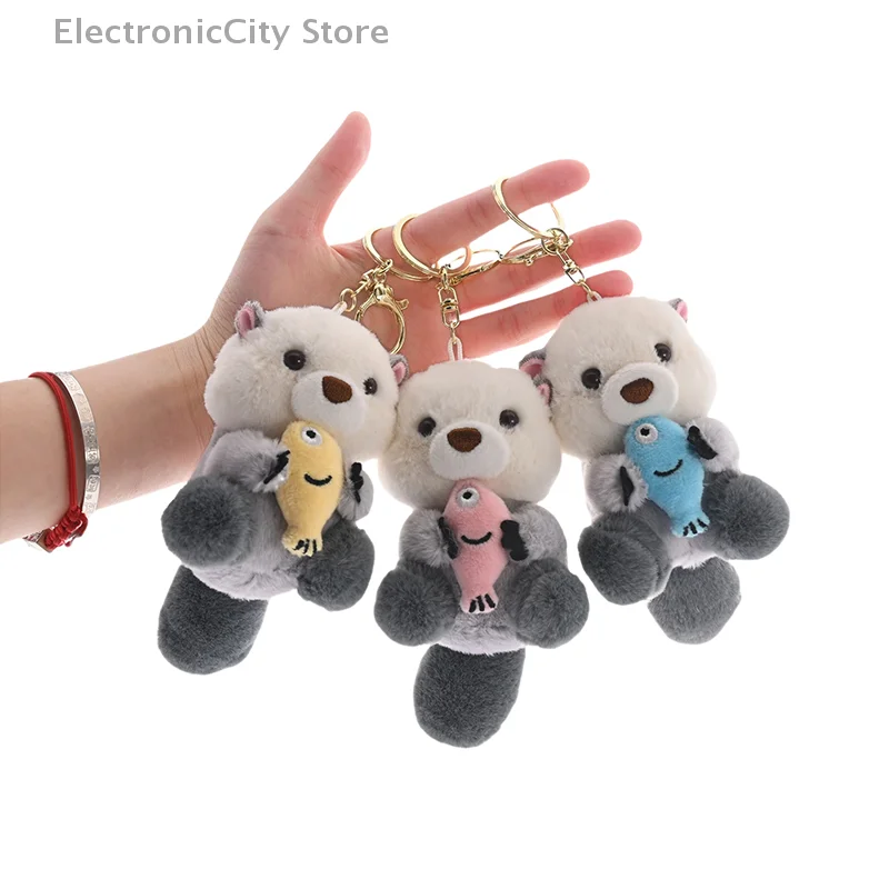 

1 Piece Stylish Backpack Keyring Cute Otters Holding Fish Plush Pendant Keychain Lovely School Bag Key Wallet Decoration