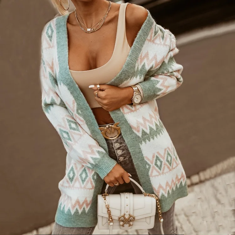 سترة نسائية منسوجة من Argyle معطف ميدي لصق كم كامل سترات غير رسمية معاطف سميكة أنيقة عتيقة للسيدات عادية