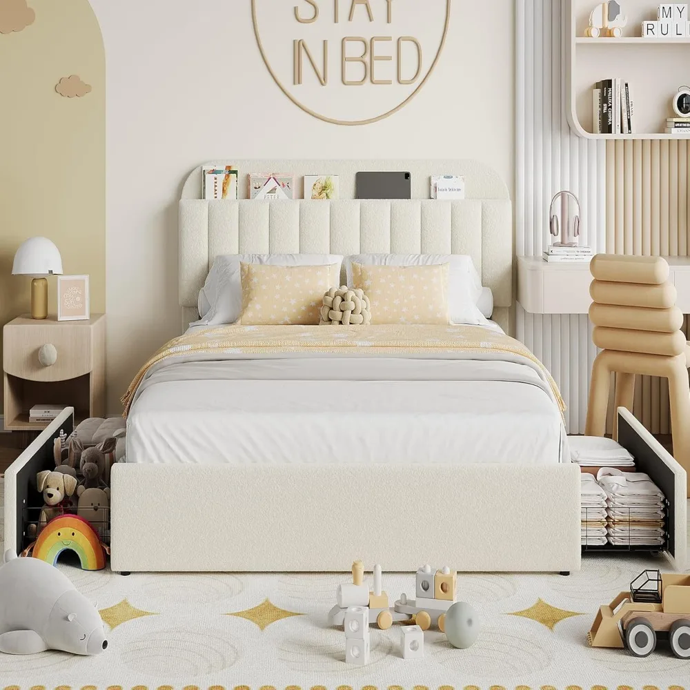 إطار سرير كامل من IDEALHOUSE مع درجين مرنين ولوح أمامي لخزانة الكتب، سرير بمنصة منجدة للأولاد والبنات، ضوضاء- #3