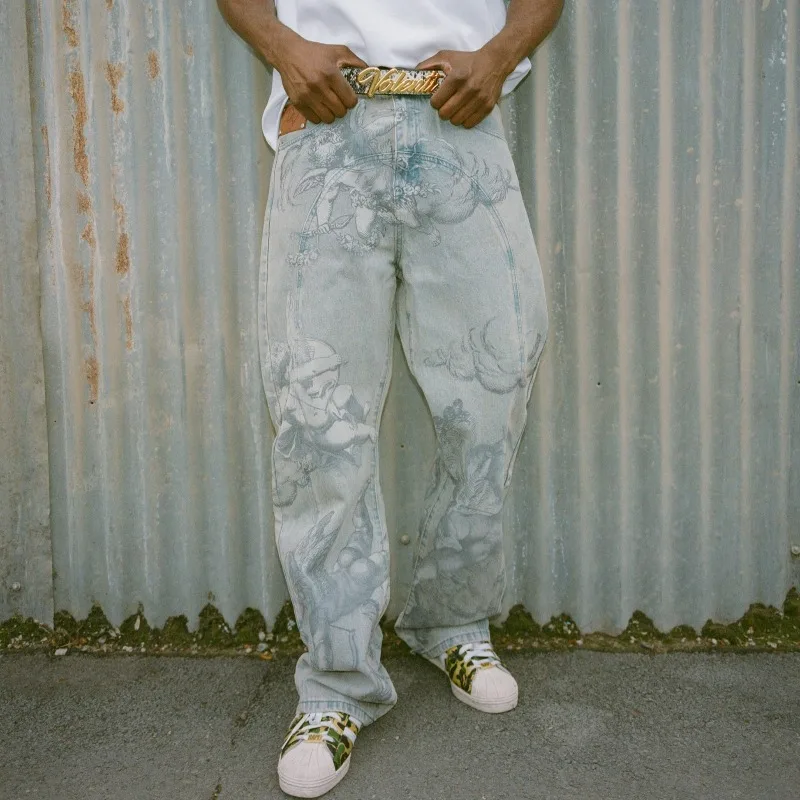 Y2k ريترو فضفاض الجينز العصرية كيوبيد الملاك نمط الرجال النساء السراويل الأمريكية الهيب هوب الشارع الشهير للجنسين عادية مستقيم الساق الجينز