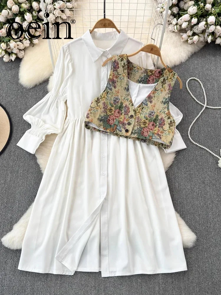 

[oein] Gentle Style Lantern Sleeves, Lapel Closure, Waist Slimming, Single Breasted A-line Shirt Dress Two-piece Set V-neck Vest