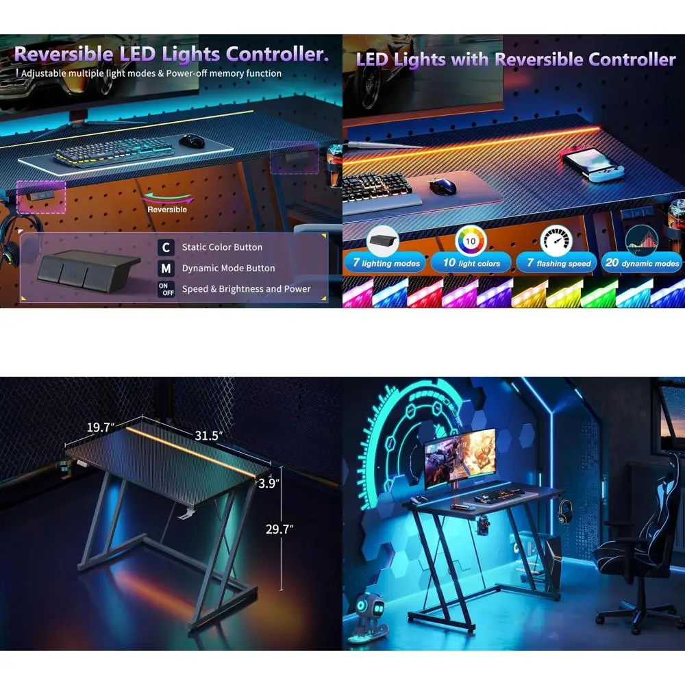 

32 Inch Small Gaming Desk with LED Light, Computer Desk for Small Space, Gaming Table with Carbon Fiber Texture, Kids PC Desk Gi
