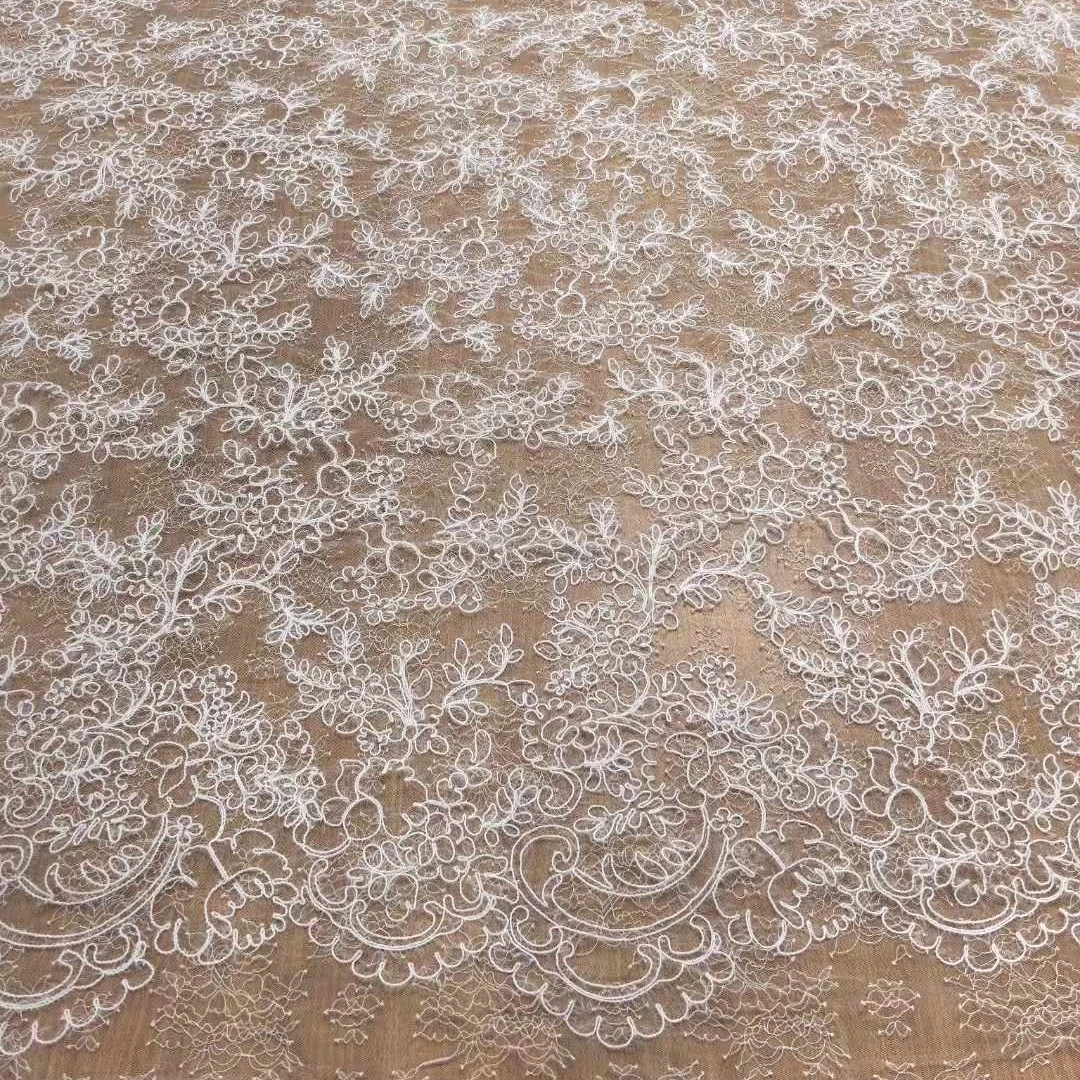 130CM Wide Embroidery on Lace Base Off White Colour Wedding Dress Fabric Material 2025 Latest Designs