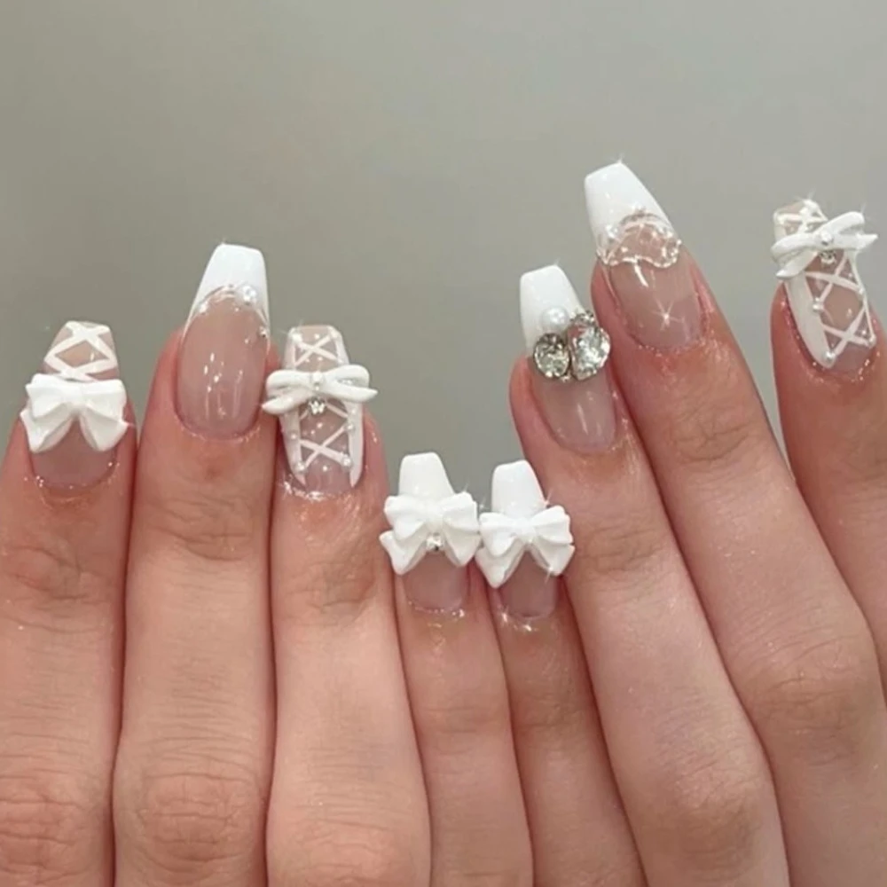

White 3D Bowknot French Ribbon Nail Art Rhinestone Pearl Chic Wearable False Nails Detachable Finished Fake Nails Press on Nails