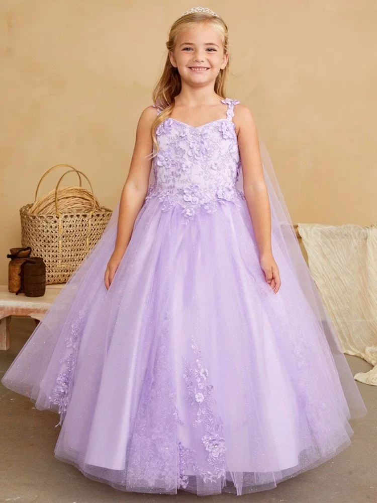 ชุดเดรสดอกไม้ Sky Blue Tulle ดอกไม้ Appliques พร้อมผ้าคลุมไหล่สําหรับงานแต่งงานวันเกิด Party Gowns จัดเลี้ยงที่กําหนดเอง