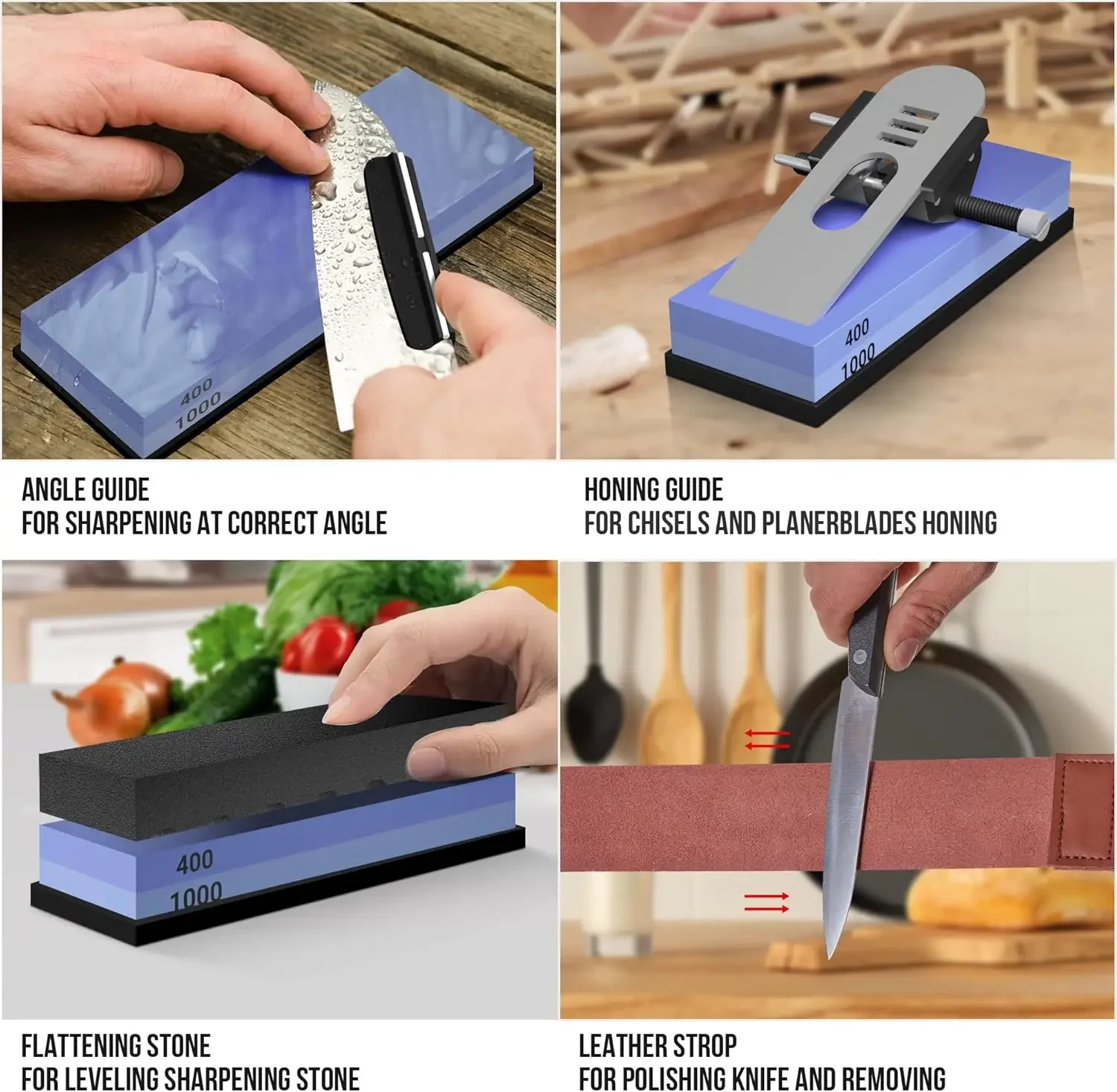 Stone Set - Premium 4 Side Grit 400/1000 3000/8000 Whetstone Sharpener Kit - Non-Slip Bamboo Base