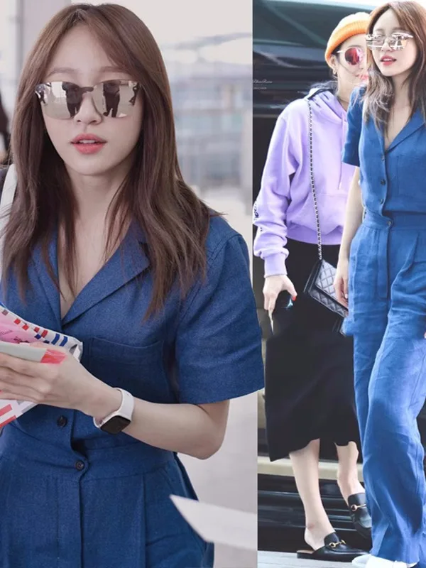 

High Waist Wide Leg Jumpsuit ort Sve Denim Blue Korean Sle for Taller Women Commute ket Design Linen Material