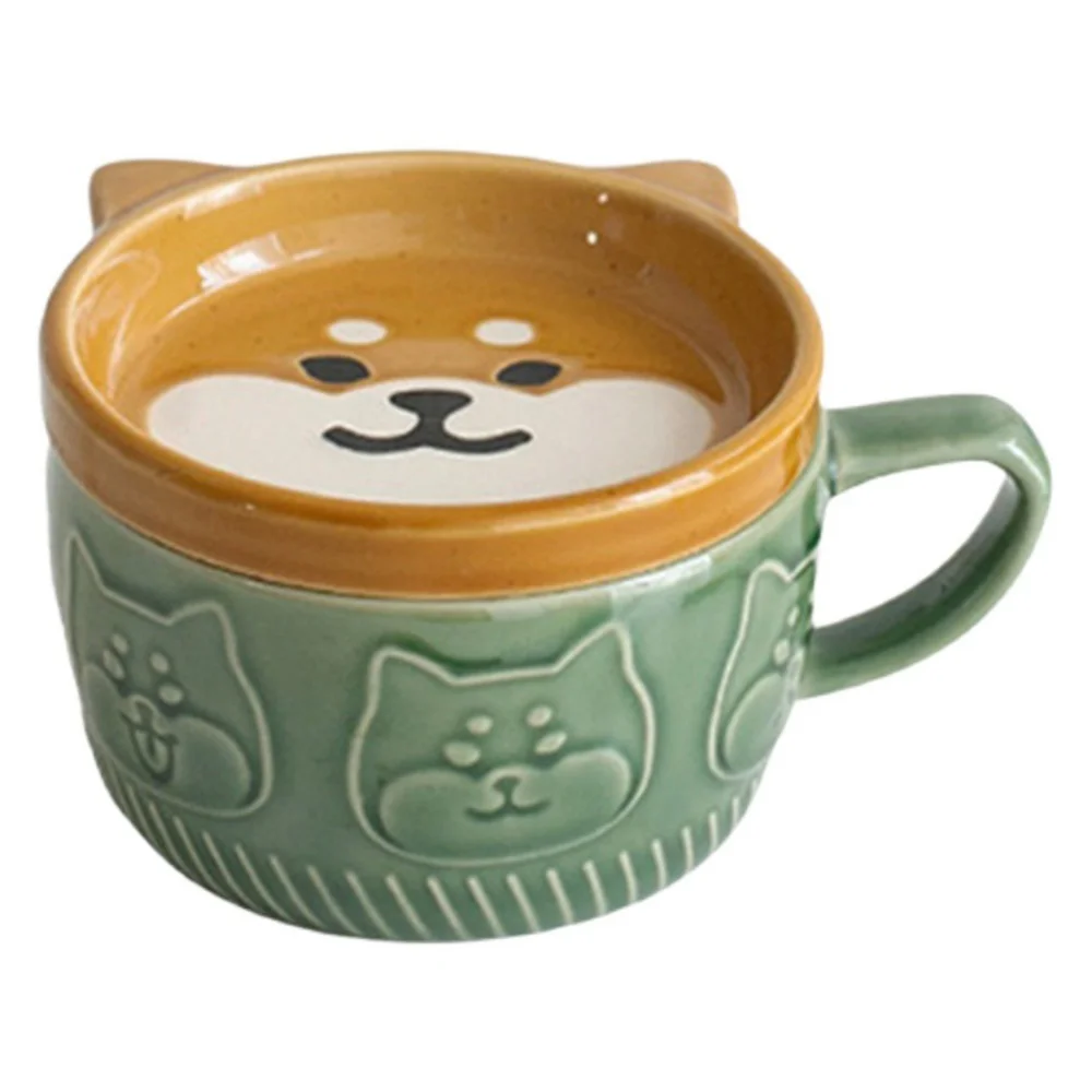 Japanese Cute Mug Creative Ceramic Shiba Inu Panda Coffee Cup with Lid Home Couple Milk Breakfast Cup Water Cup(Green)