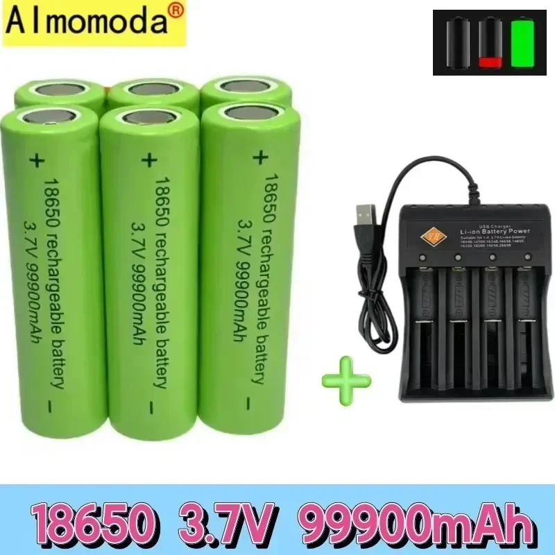 대용량 정품 18650 배터리, 99900Mah 3.7V + 충전기, 장난감 손전등 리튬 이온 충전지, 무료 배송