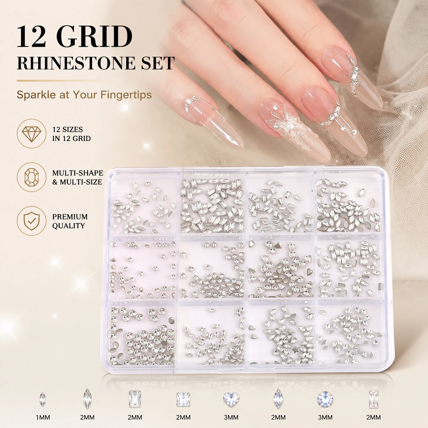 SANANIE 12 Grids Geometric Mini Diamond Flat Bottom Nail Art Charms Glitter White Rhinestone 3D Nails DIY Manicure Accessories