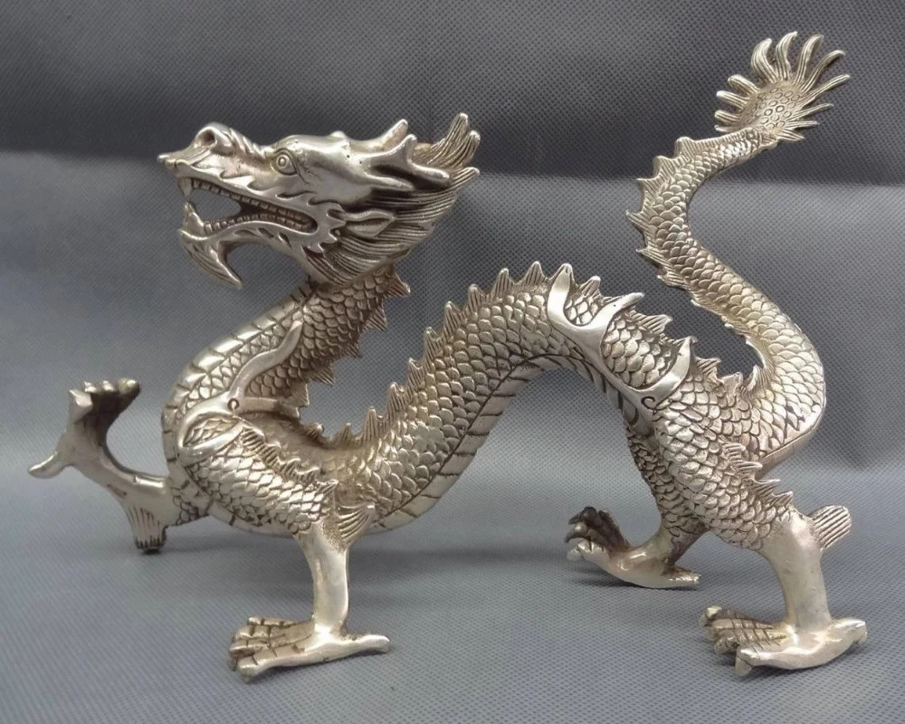 

Chinese Silver Zodiac Myth Beast Figurine Wealth Fly Dragon Bronze Statue