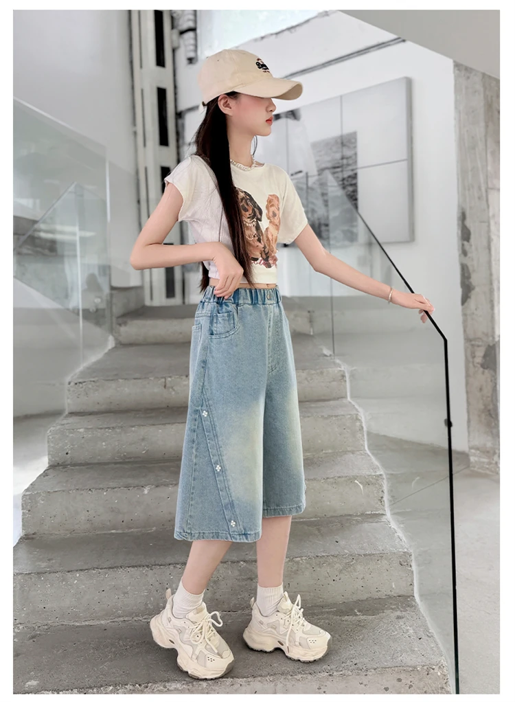 Sommerliche Mädchen-Mode-Jeans-Shorts mit Perlen für Kinder, lässige knielange Jeanshosen, elegante blaue Jeans für junge Mädchen, Sonderangebote. – Detail 10