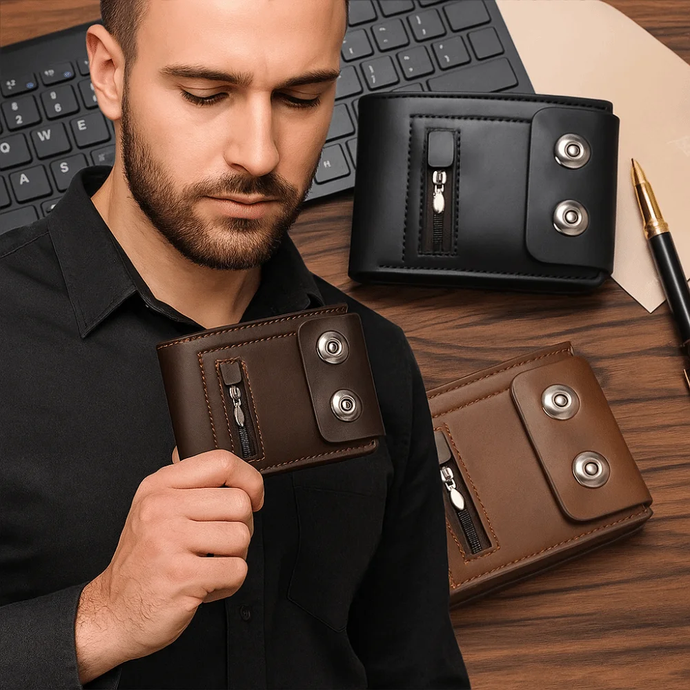 

PU Leather Men's Wallet Magnetic Buckle Solid Color Short Card Bag Zipper Closure Large Capacity Credit Card Holder Daily Use