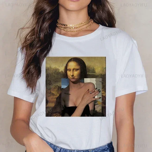 Aesthetic Mona Lisa เสื้อยืดแฟชั่นลายกราฟิกสำหรับผู้หญิงเสื้อยืดคอกลมผ้าฝ้ายพิมพ์ลายกล้ามเนื้อเลียนแบบตลกๆ