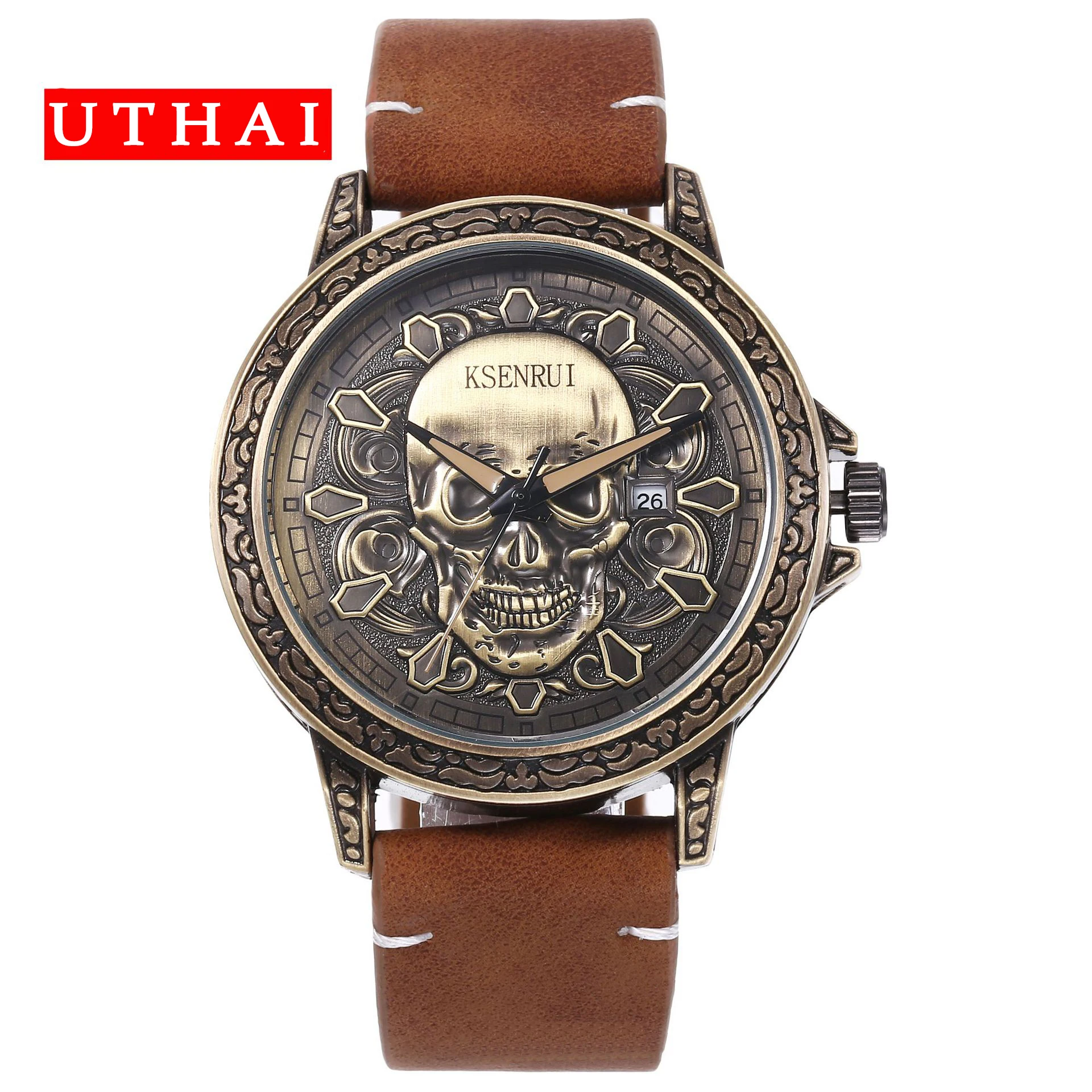 UTHAI CQ301 ساعة رجالية عصرية ورائعة بحزام جلدي على شكل جمجمة كوارتز ساعة الهالوين ساعات هدية للرجال