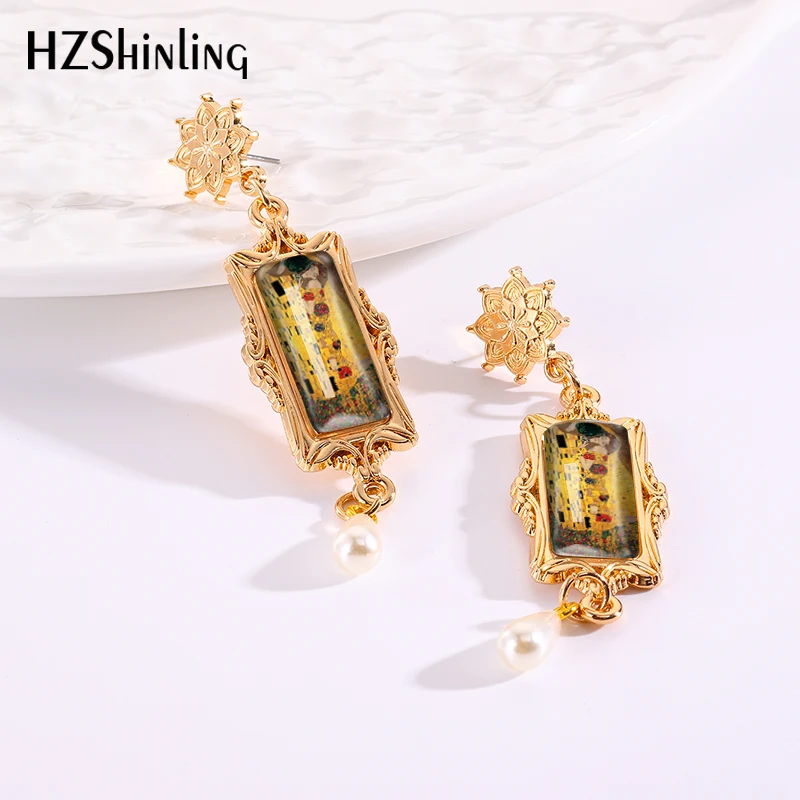2024 New Gustav Klimt Art Drop Earring Golden Tears Retro Rectangular Earrings Golden Mandala Charm Glass Cabochon Jewelry