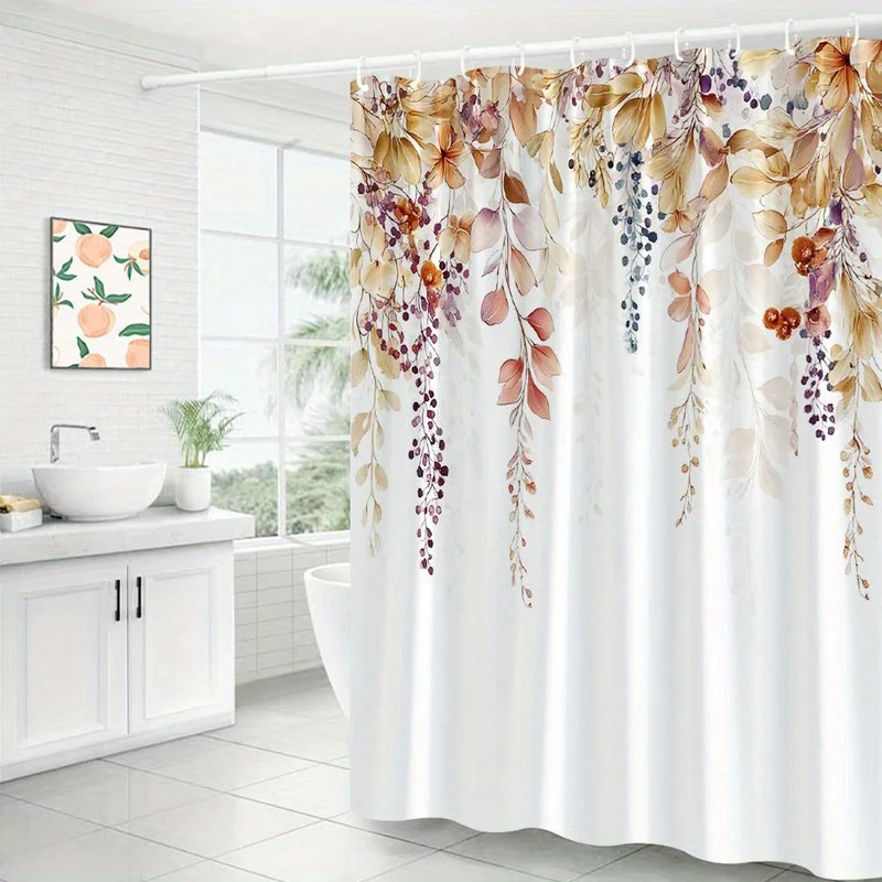 1pc Autumn Floral Garland Shower Curtain - Elegant Vintage Botanical Design with Lilies, Daisies, and Berries in Golden, Orange,