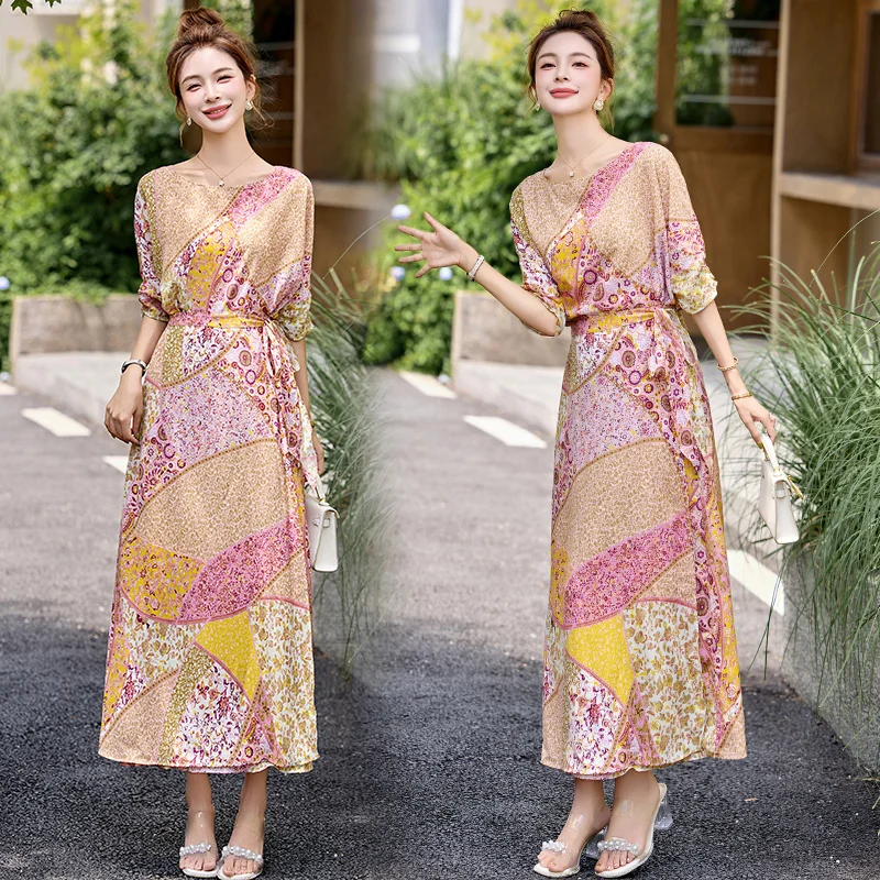 

Летнее женское платье макси с принтом для пляжного отдыха 2026, элегантное французское платье с круглым вырезом, поясом и А-силуэтом, уличная одежда