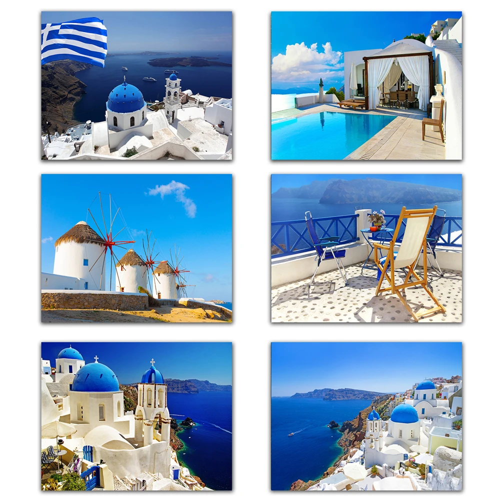 High-gloss Photo Paper Nordic Mediterranean Island Greece Santorini Aegean Sea Landscape Quality Print Wall Sticker Home Decor