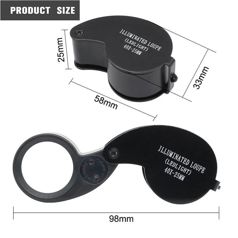 40X Pocket Loupe Magnifying Glass With Light Jewelers Foldable Magnifier For Watch Coins Stamps Gems Reading Diamond Identifying