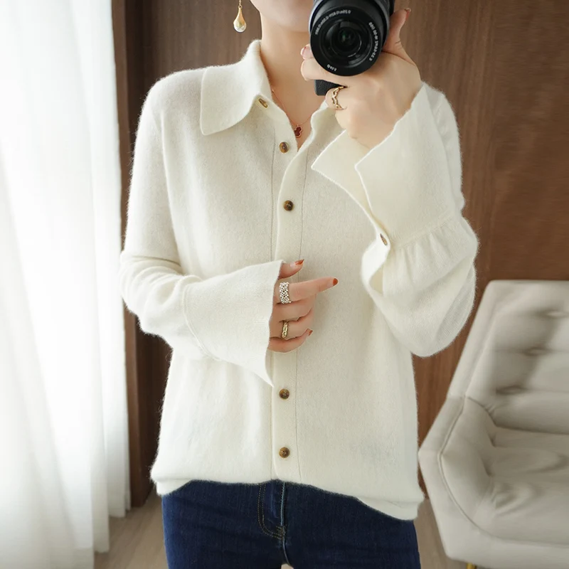 

Spring And Autumn Pure Wool Knitted Ladies Shirt Collar Solid Color High-End Elegant Fashion Tops All-Match Cardigan Sweaters