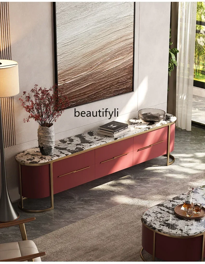 

D80 Light luxury natural marble TV cabinet living room home modern villa paint super crystal floor cabinet