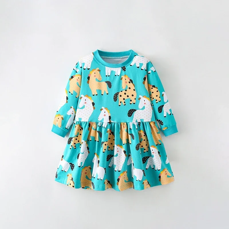 Spring Baby Girls Clothes Clothes Kid Sweet Giraffe Horse Solid Cotton Dress Children Fashion Party Long Sleeve Princess Dresses