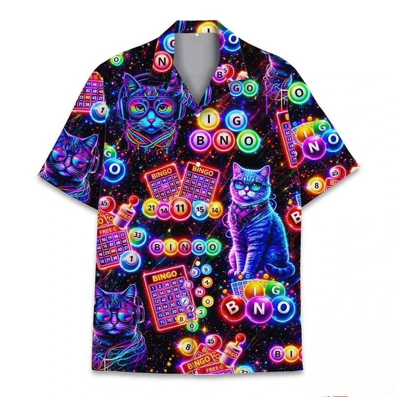 Recommended Popular Funny Neon Cat Pattern Hawaiian Shirt for Men's New 3D Printed Animal Summer Shirt