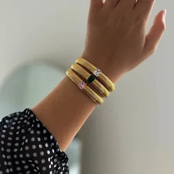 Colored gem stone elastic wide bangles stainless steel bangles for women simple elegant stainless steel jewelry new in