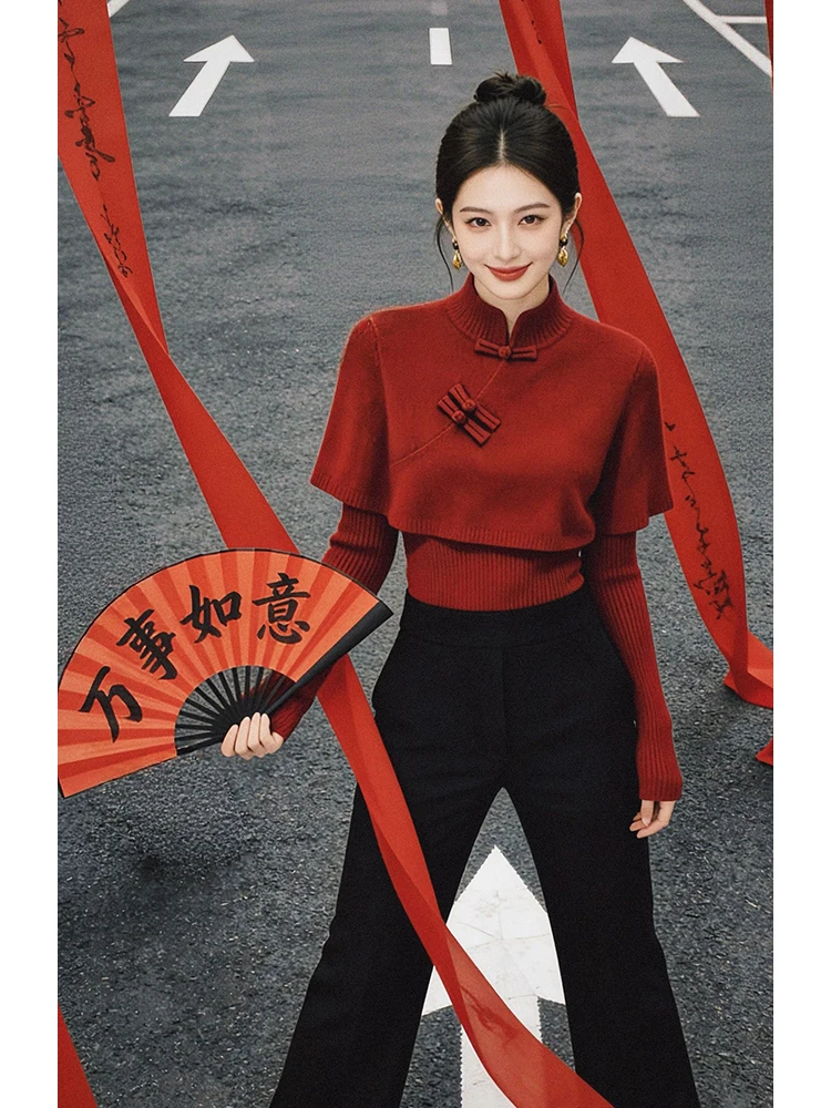 

New Year 2026 Red Aosphere Chinese Sle Women's Knitted awl Cowl Ne Button Set Faionable Winter Spring Outfit