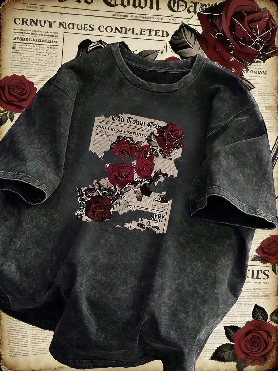 

Womens Cotton Tee With Newspaper And Rose Graphic, Retro Streetwear Loose Fit Y2K Punk Style Black Summer