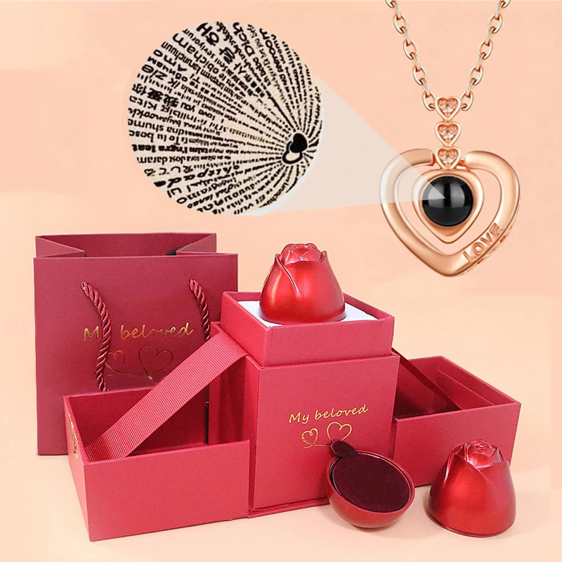 

Love Heart Projection Necklace 100 Languages I Love You Pendant With Rose Gift Box For Girlfriend 2023 Fashion Luxury Jewelry