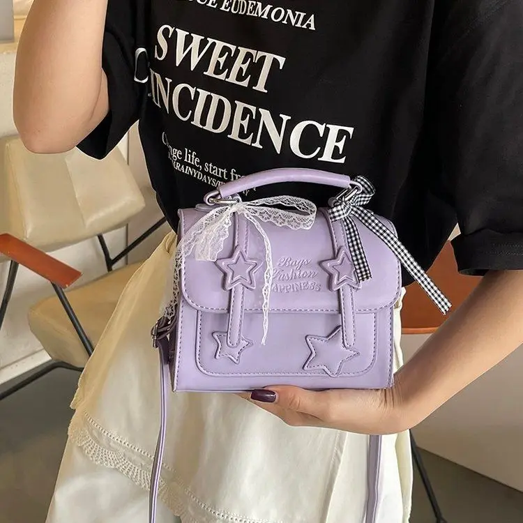 

Милая милая сумка со звездным бантом, женская однотонная кожаная сумка с буквенным принтом, женская сумка через плечо Harajuku, большая вместительная сумка через плечо, новинка