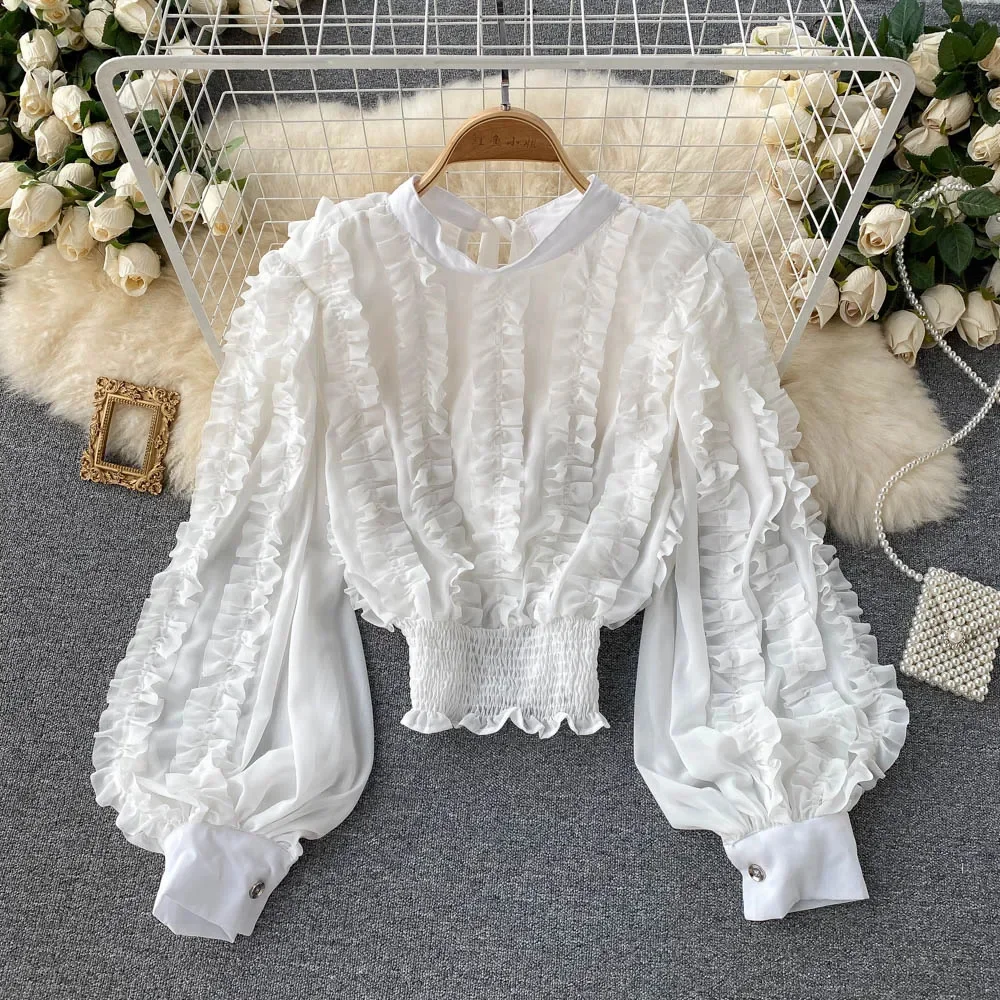 Chic French Women Blouse Elastic Ruched Slim Ruffles Shirts Long Sleeve Tunics Tops 2025 New Fashion Streetwear Short Blusas