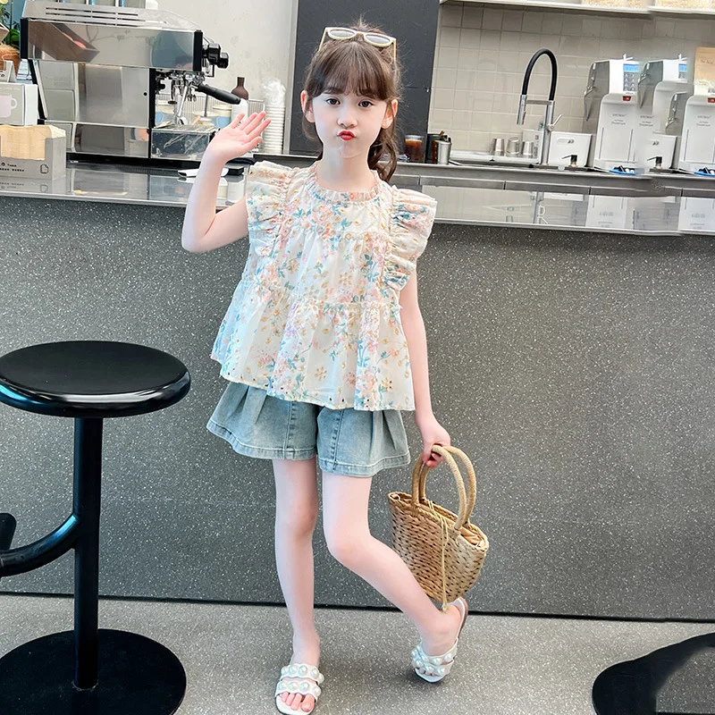 

Girls Suits Summer T-shirt Top 2024 New Foreign Style Floral Shirt Sleeveless Clothes Children Summer Children Two-piece Set