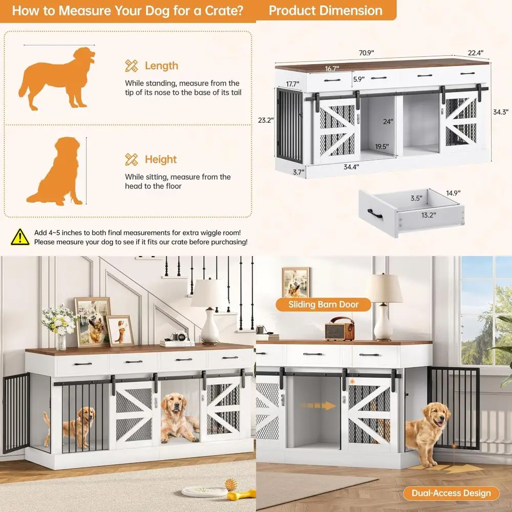 

Очень большой деревянный вольер для собак (71 дюйм) с перегородкой и 4 выдвижными ящиками для хранения
