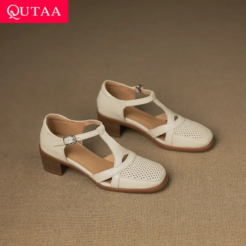 

QUTAA 2025 Women Sandals Weaving Sexy Pointed Toe T Strap Party Shoes Mid Heels Summer Pumps Hollow Shoes Woman 34-43