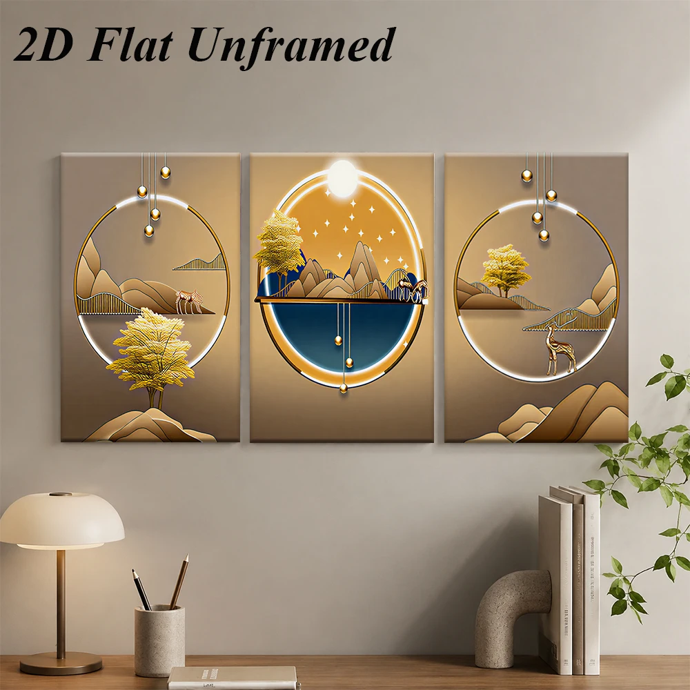 1 set of modern minimalist triptych frameless decorative paintings, light luxury landscape, elk wall decoration, 2D plan