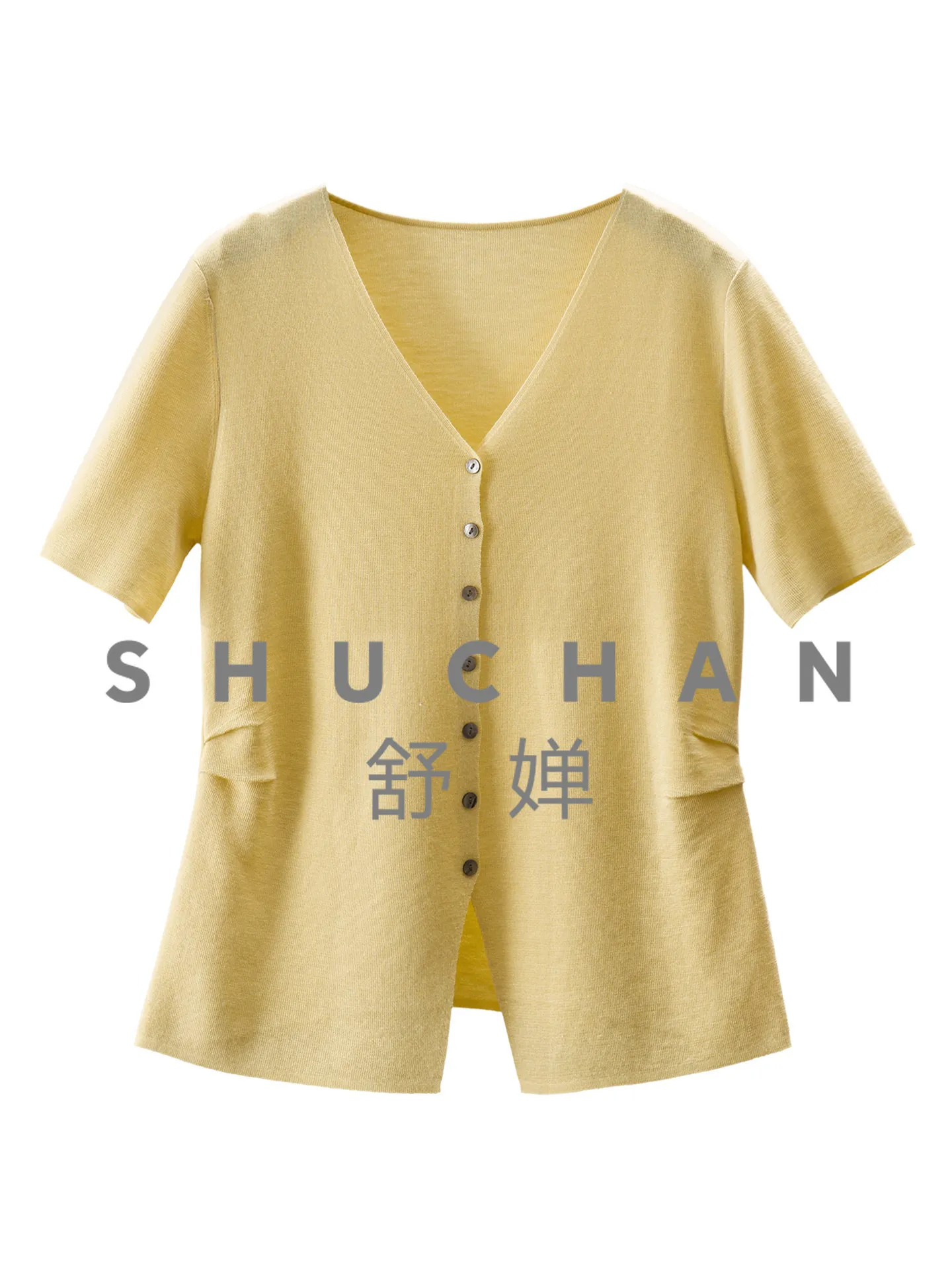 

Тонкий вязаный кардиган с V-образным вырезом, шелковой шерстью и плиссировкой на талии, с четырьмя плоскими иглами, 24L2 Casaco Feminino