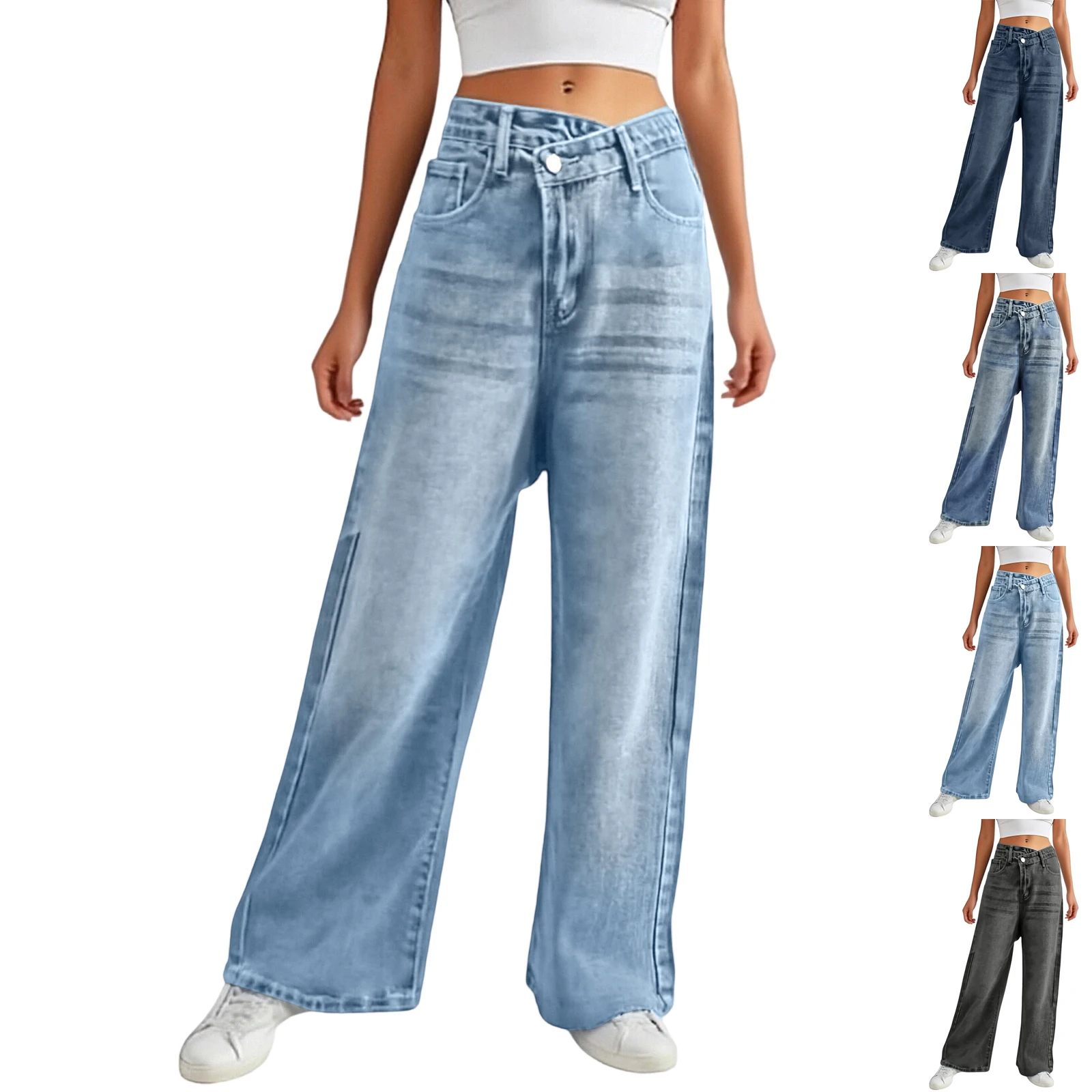 

Джинсы на молнии с диагональными пуговицами и низкой талией. Женские повседневные и модные асимметричные джинсы. Женские широкие джинсы.