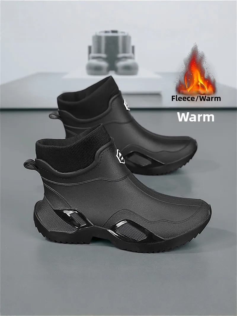 Men's Winter Fleece Lined Rain Boots Waterproof Non Slip Kitchen Work Warm Cotton Shoes Delivery Rider Black Rain Shoes