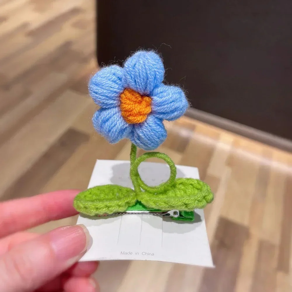 Children Flower Hair Clips Handmade Knitting Wool Hairpin